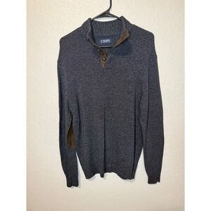 CHAPS Mens Gray Quarter Button Pullover Sweater with Elbow Patches